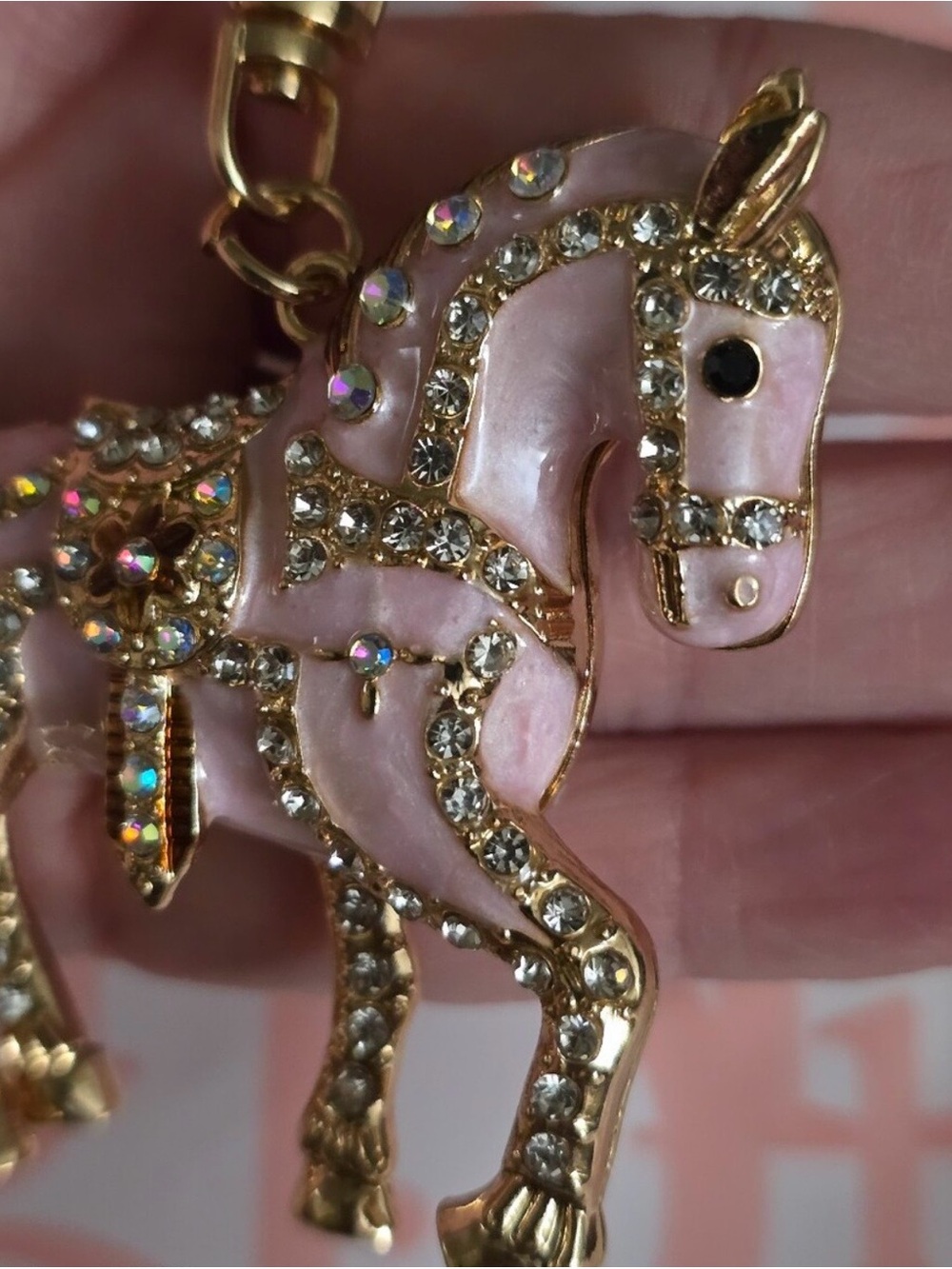 Gold & Pink Horse Crystal Bag Charm and Keychain - Fashion Accessory - Picture 5 of 6